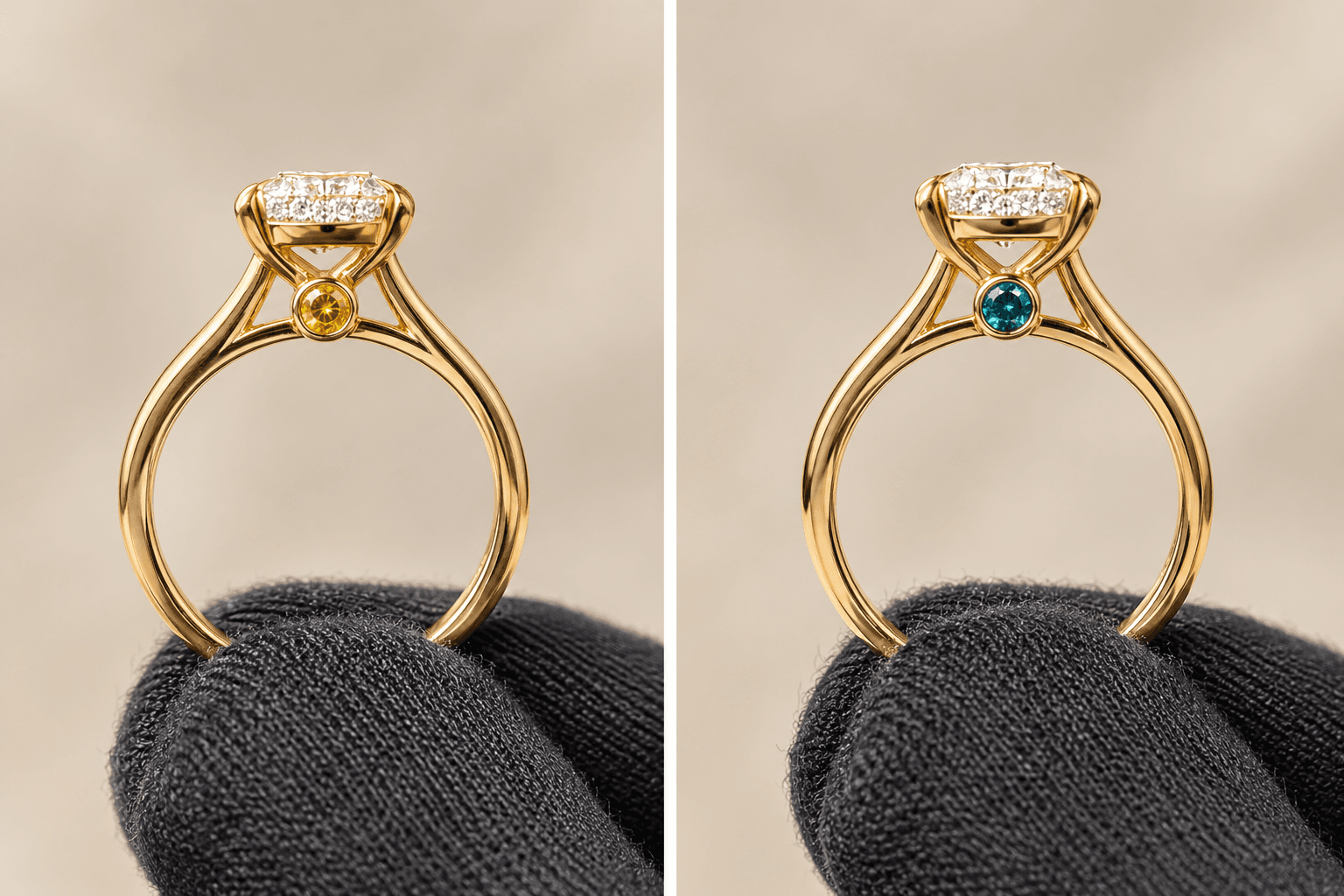 Yellow gold cathedral ring with a hidden birthstone detail